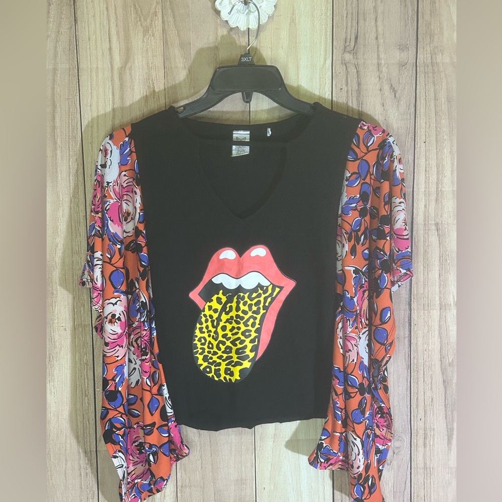 NWT Upcycled Rolling Stones Butterfly sleeved top